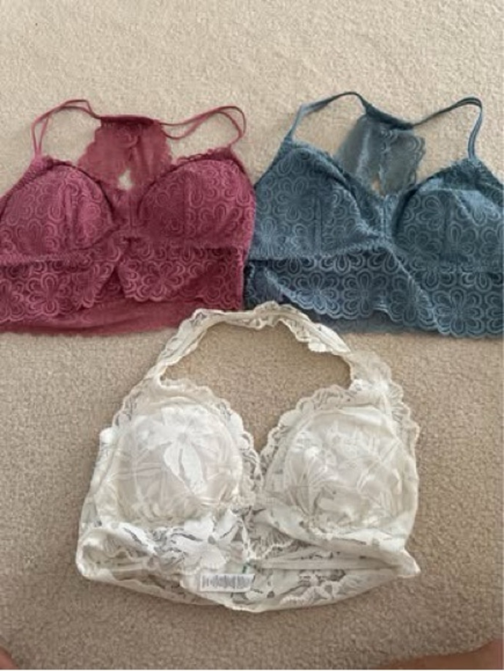 Gilly Hicks Lace Bralette Trio in Rose, Blue, and Ivory